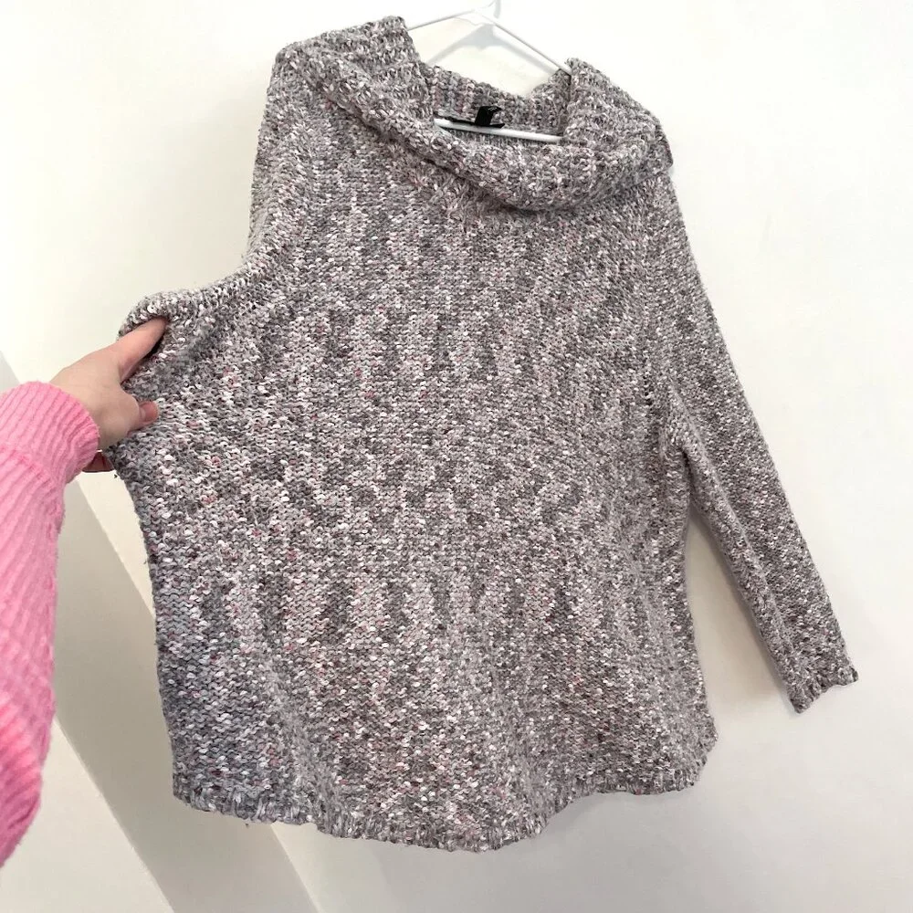 LANE BRYANT Plus Size Cowl Neck Sparkle Eyelash Sweater Gray Pink Chunky Knit 2X